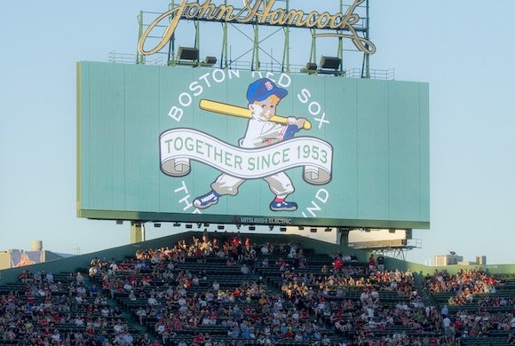 The Jimmy Fund and Red Sox partnership logo on a billboard at Fenway Park