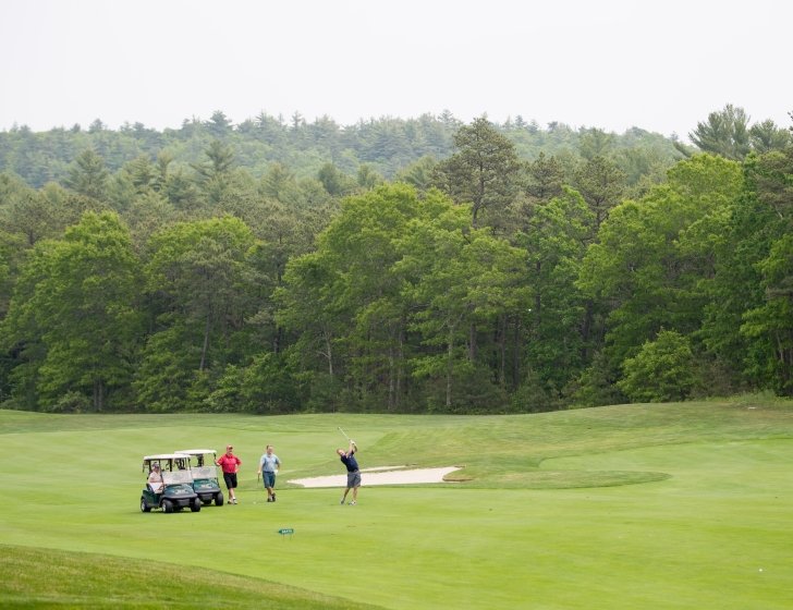Four golfers on a golf course with two golf carts while one golfer makes a shot