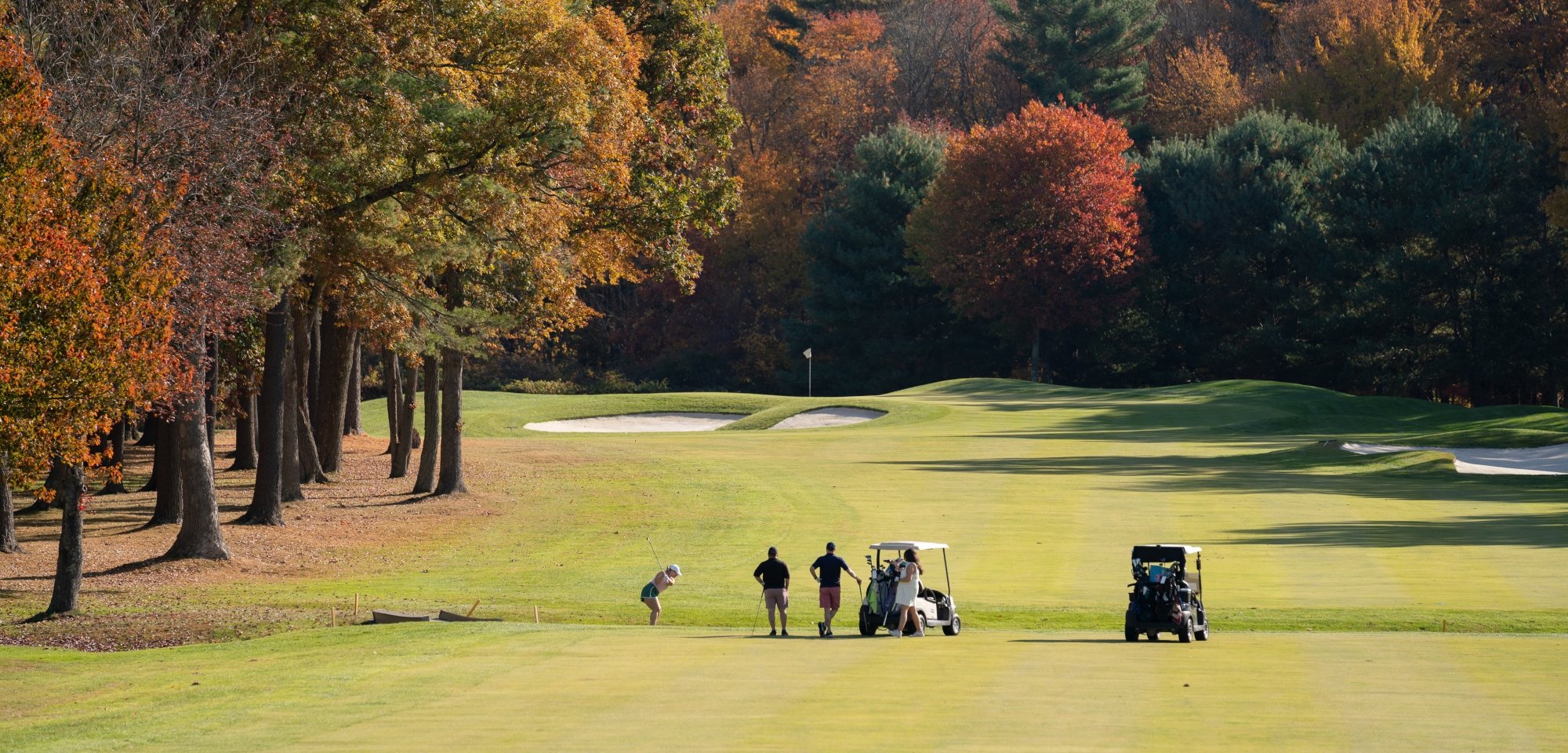 Four golfers on the course on a beautiful fall day