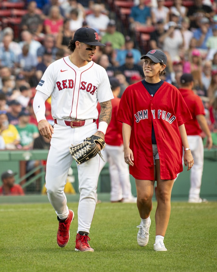 Red Sox player and Dana-Farber patient on the field at Fenway