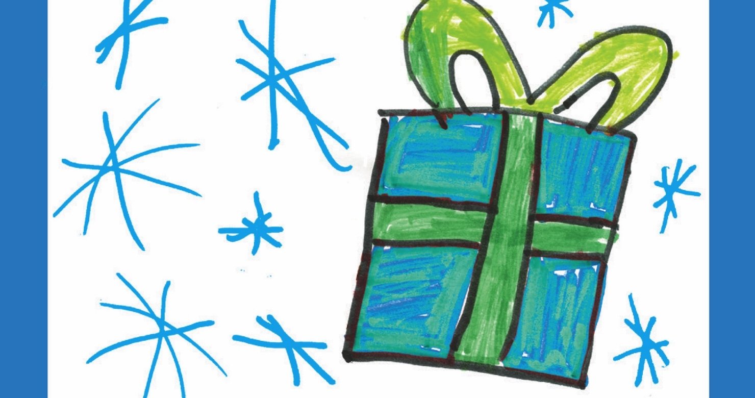 A drawing by a pediatric patient of snowflakes and a gift box