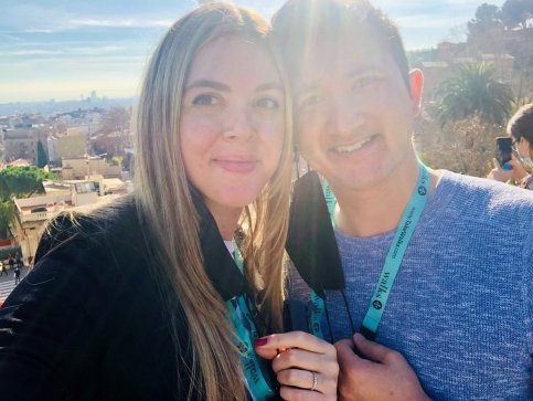 Nolan and Kate pose together on sunny day