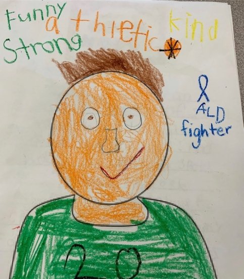 Self-portrait drawing by Grady includes words 'Funny, Athletic, Strong, Kind, and ALD fighter'