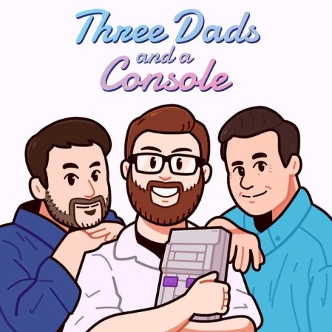 Three Dads and a Console cartoon graphic, picturing 3 dads holding a game console
