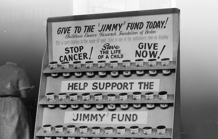 Black and white photo of an early Jimmy Fund display at Fenway Park